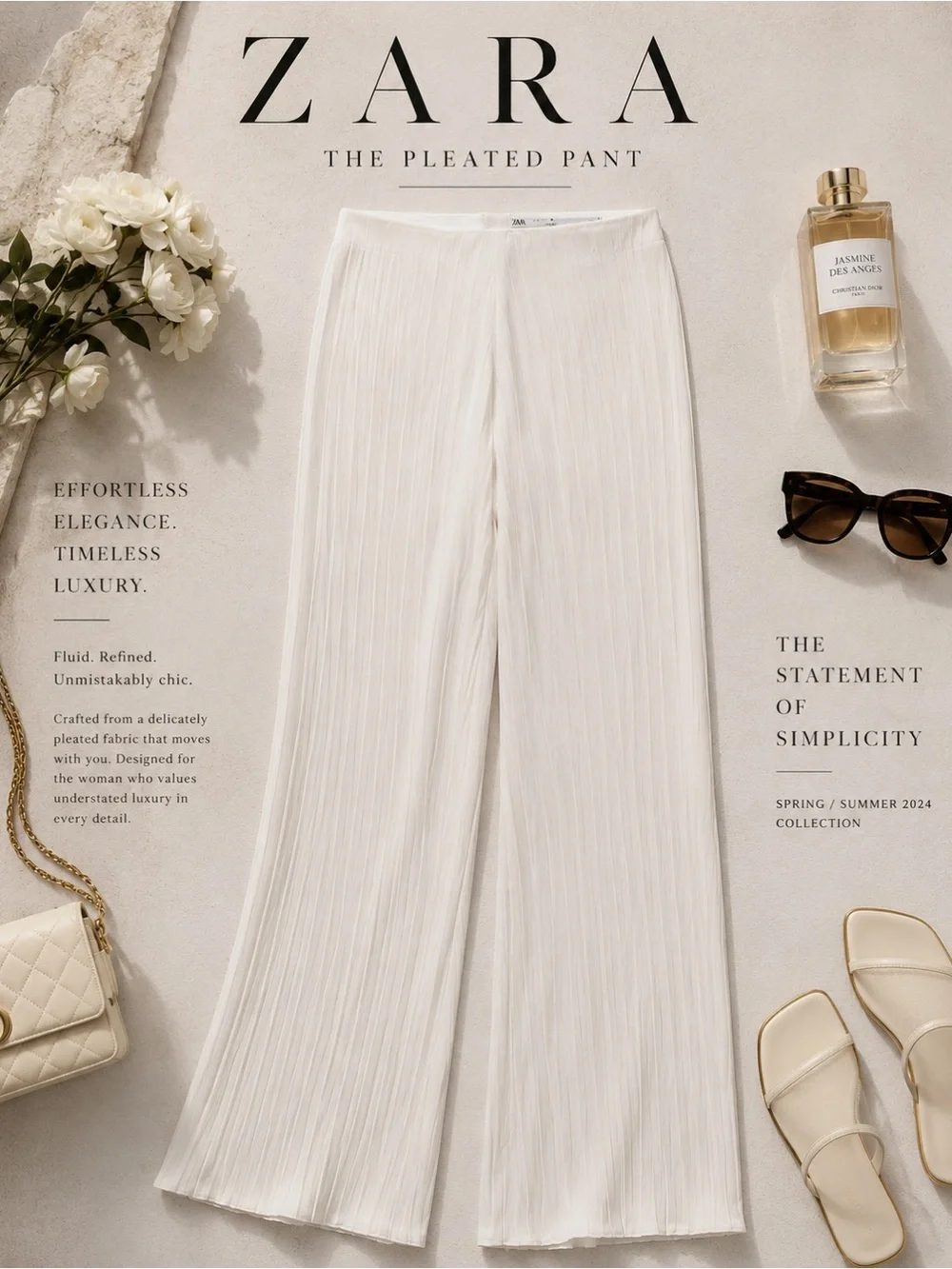 Zara White Pleated Wide Leg Pants NWT Quiet Luxury Resort Pants